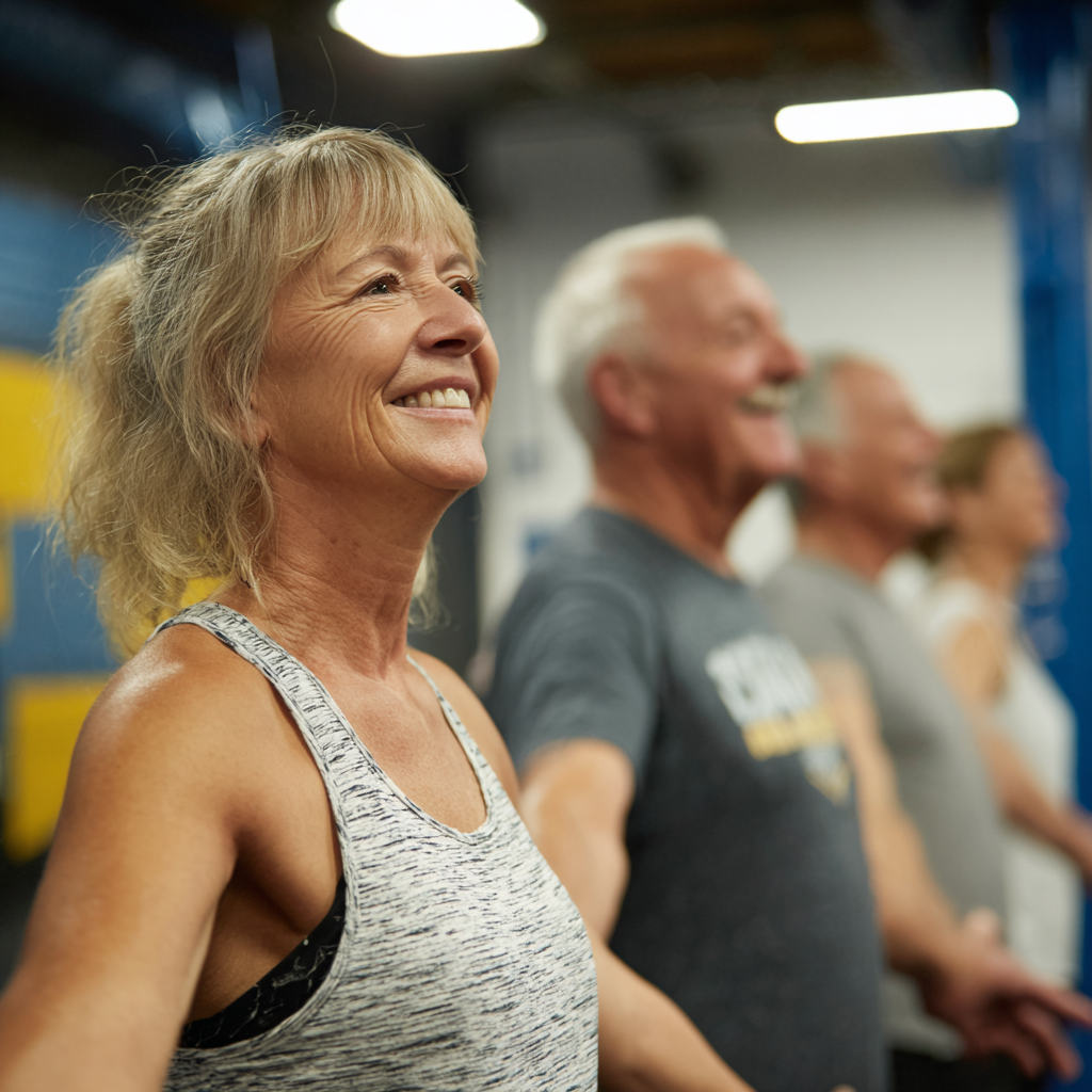 Група літніх людей 50-60 років під час безкоштовного пробного заняття в залі merdavosk