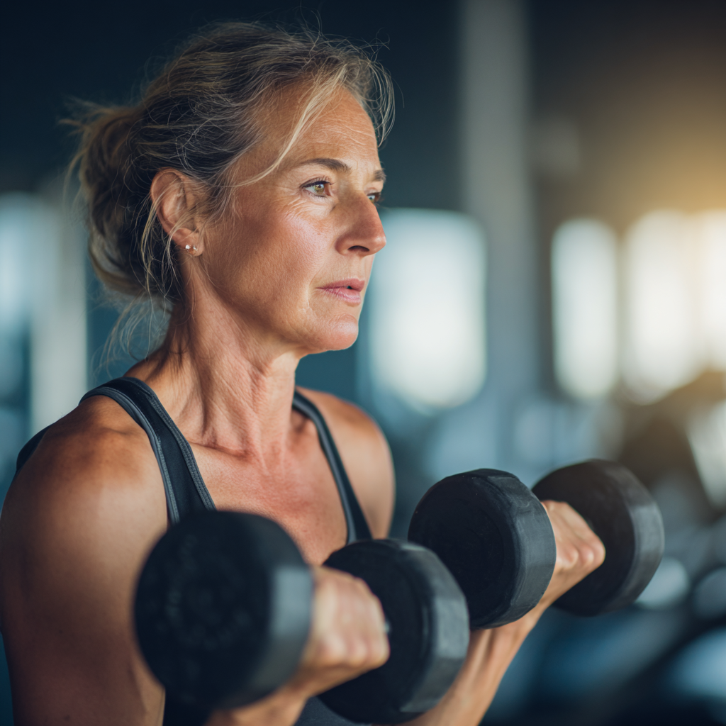 Активна жінка 55 років виконує функціональні вправи з гантелями у сучасному фітнес залі