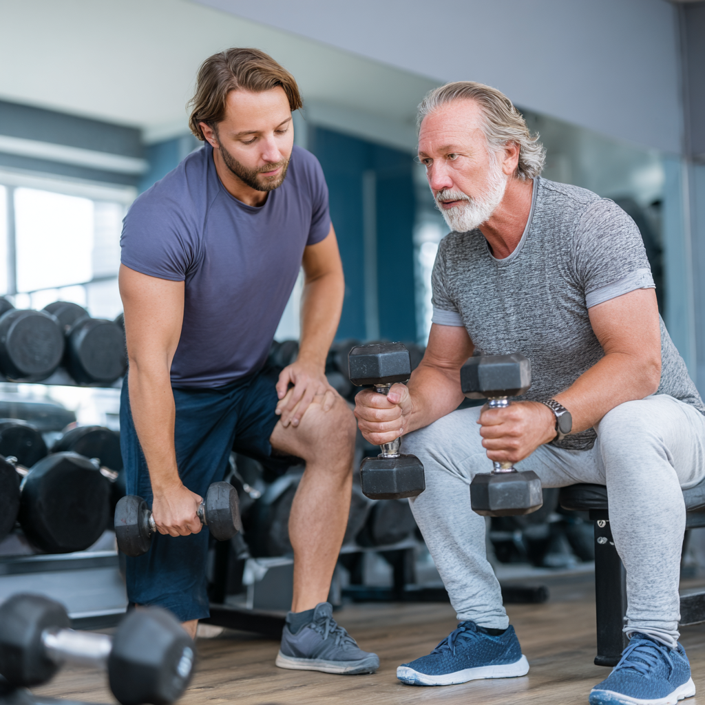 Персональний тренер працює з чоловіком 58 років, демонструючи правильну техніку виконання вправ